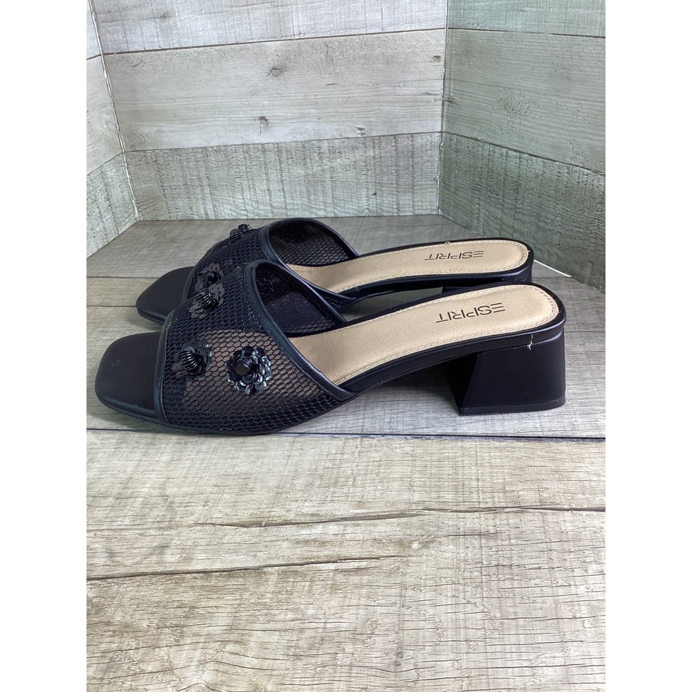 Esprit Sunny Black Mesh Sequin Block Heel Sandals Square Toe Slides Womens 8.5M